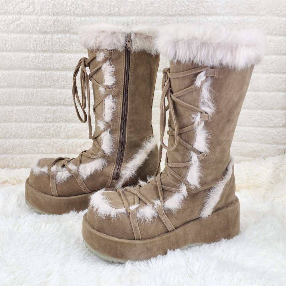 311 Cubby Tan Platform Furry Go-go Mammoth Stomper Knee Boots - Picture 12 of 12